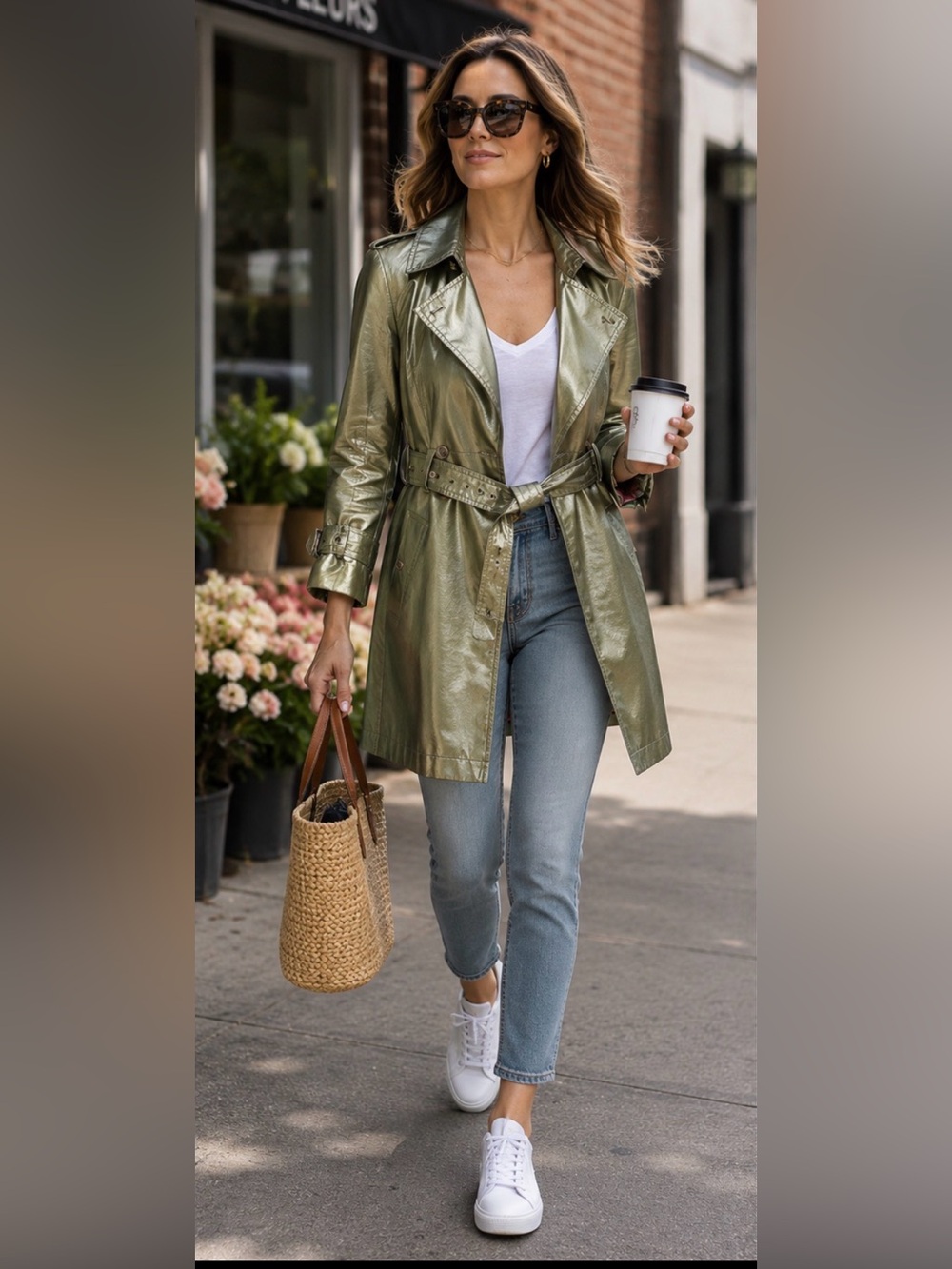 Hillary Radley New York 💚 Metallic Lime Green Trench Coat Floral Lined Belted